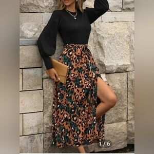 Shein Belted Spilt Thigh Black And Animal Print Dress